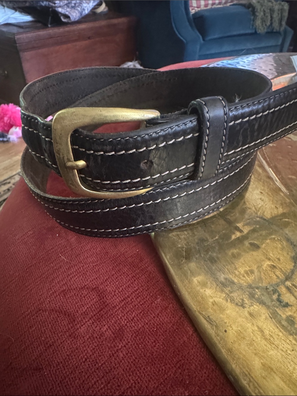 Clarks Brown Leather Belt with Brass Buckle and White Stitching